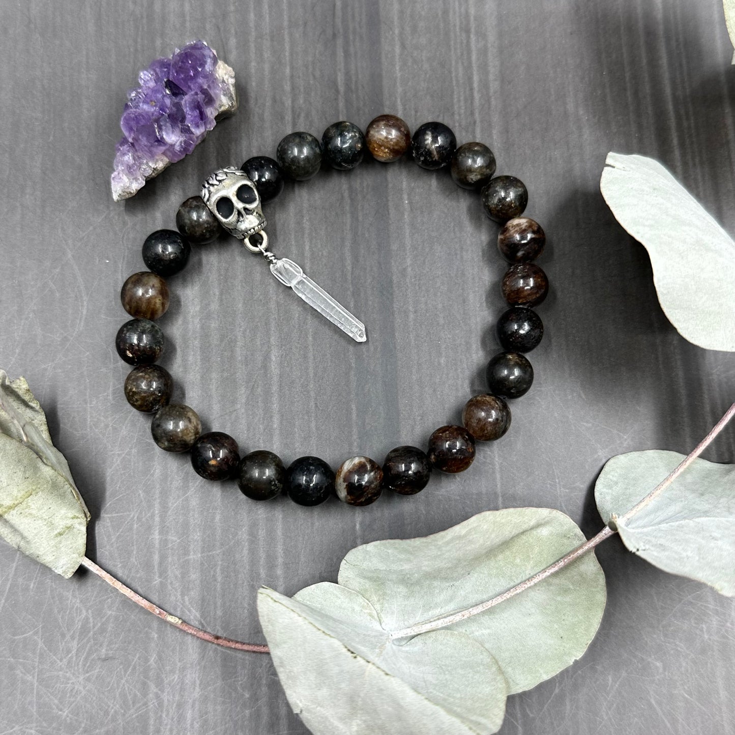 7.5" Biotite, Quartz, and Skull Stretch Bracelet