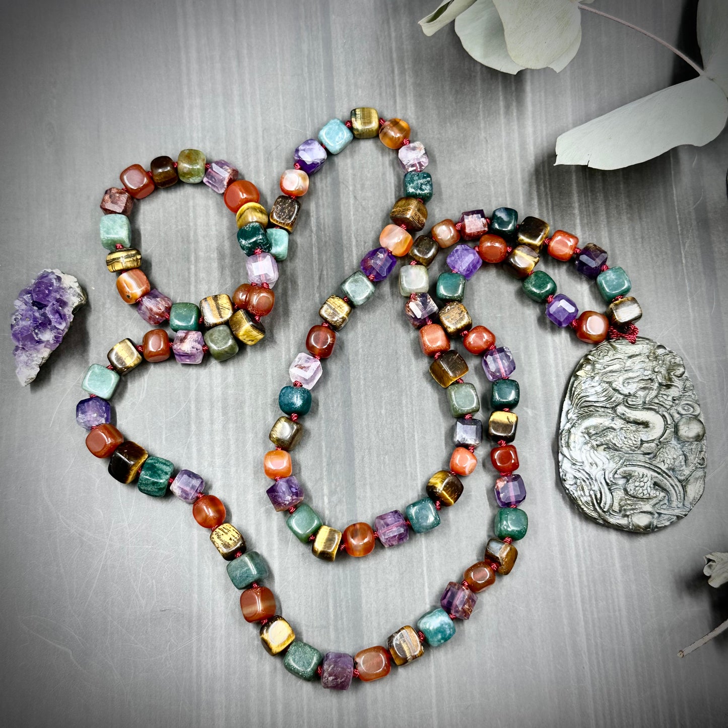 Long Knotted Statement Necklace with Carved Pyrite Dragon