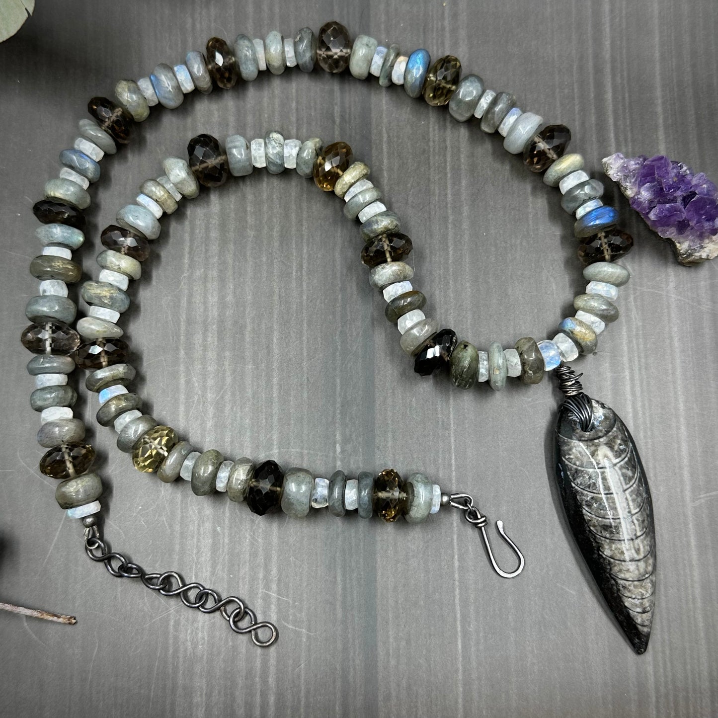 Fossil, Labradorite, Rainbow Moonstone, and Smoky Quartz Necklace