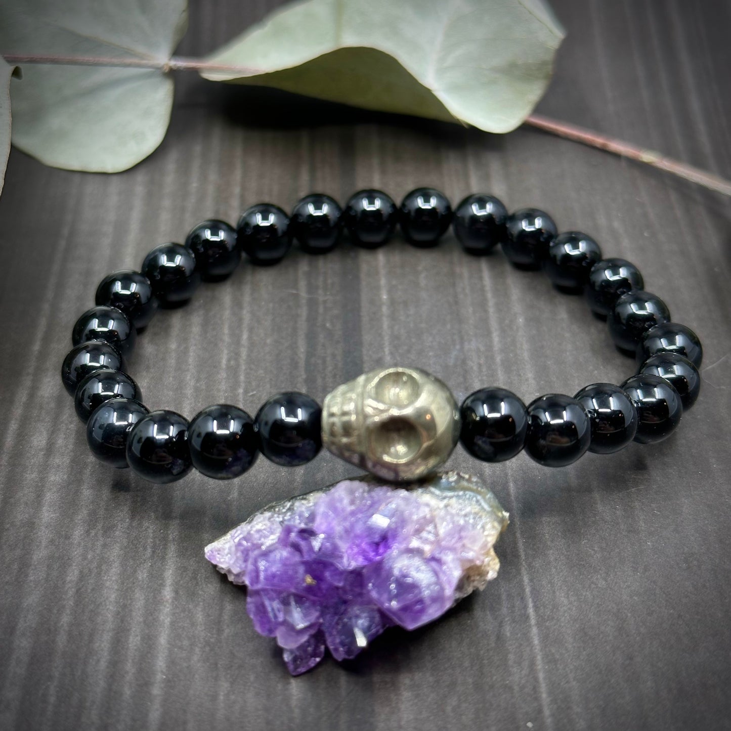 7.5" Onyx and Pyrite Skull Stretch Bracelet