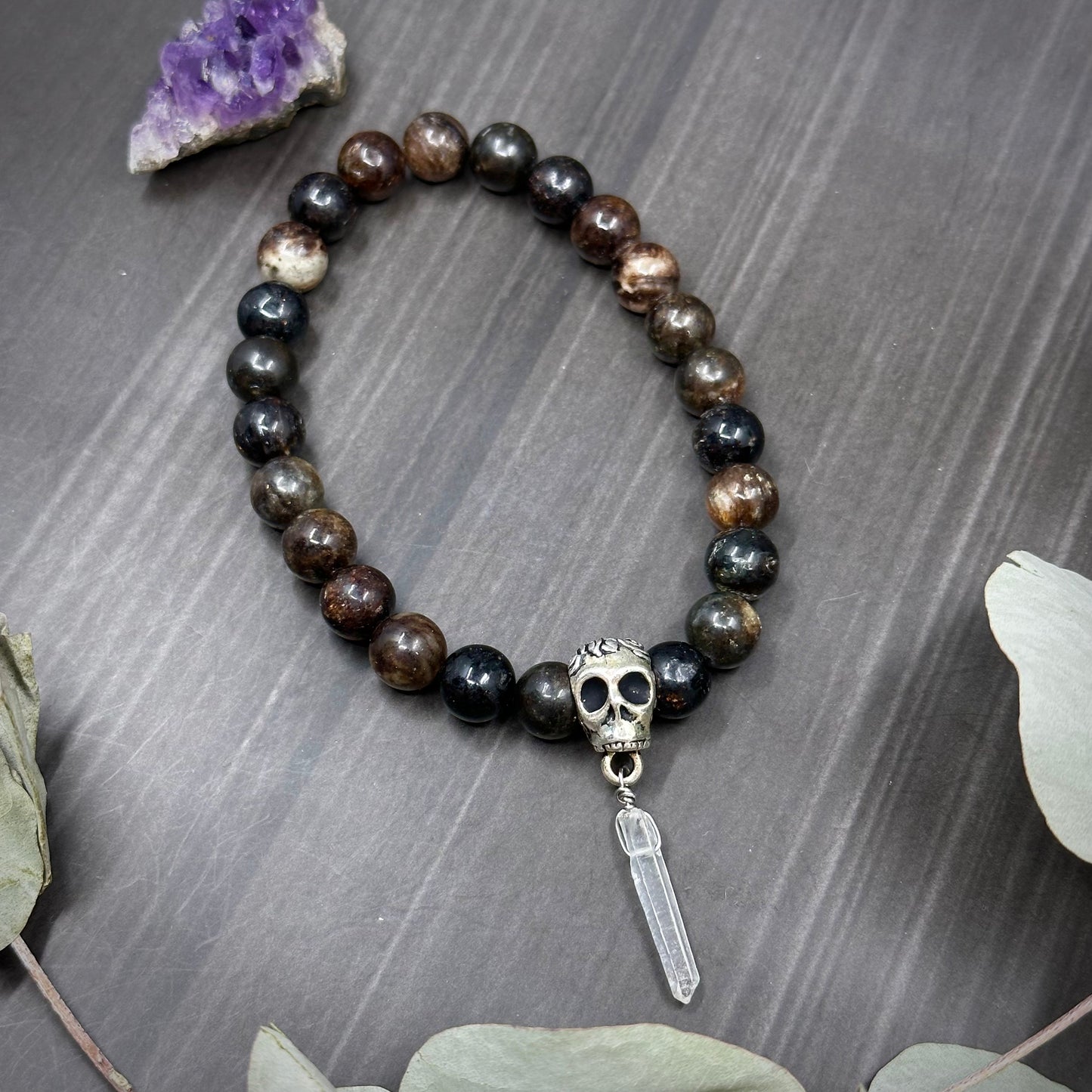 7.5" Biotite, Quartz, and Skull Stretch Bracelet
