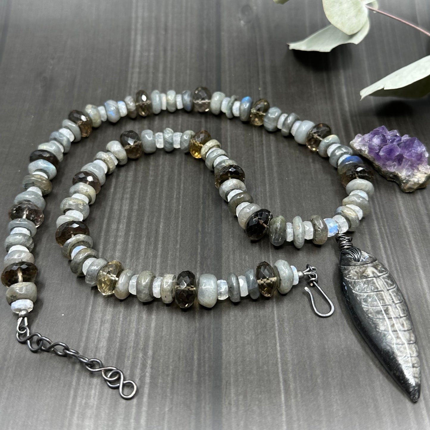 Fossil, Labradorite, Rainbow Moonstone, and Smoky Quartz Necklace