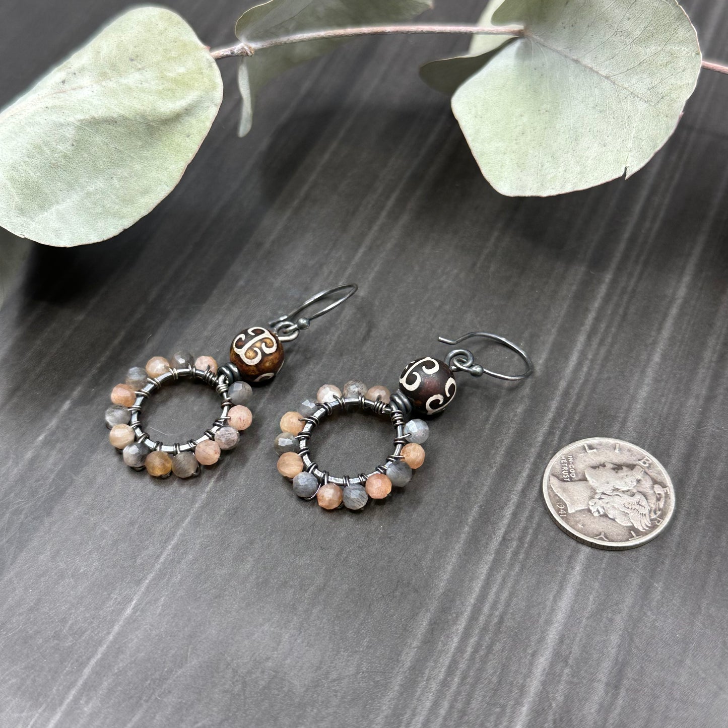 Tibetan Agate and Mixed Moonstone Hoops