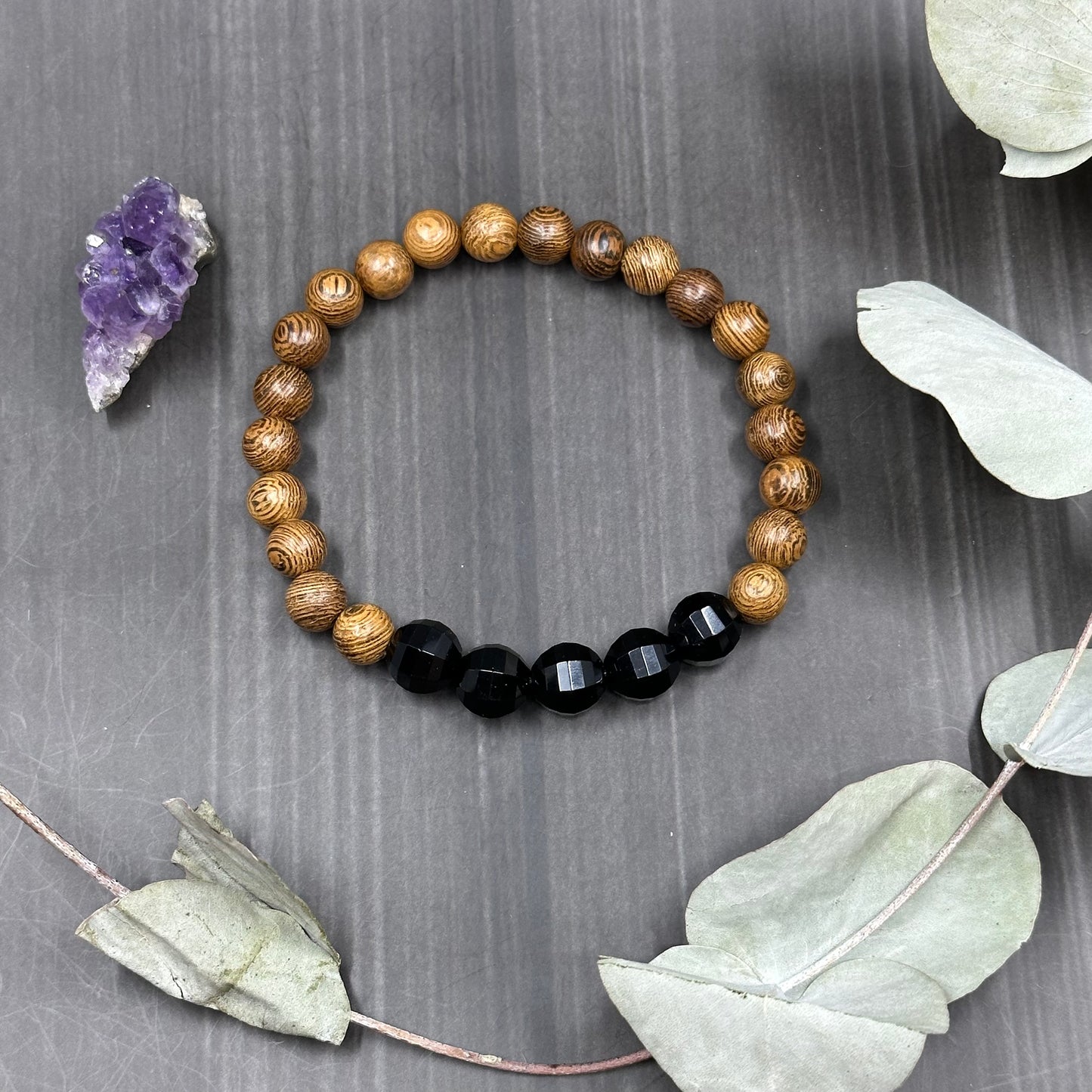 Wood and Onyx Stretch Bracelet