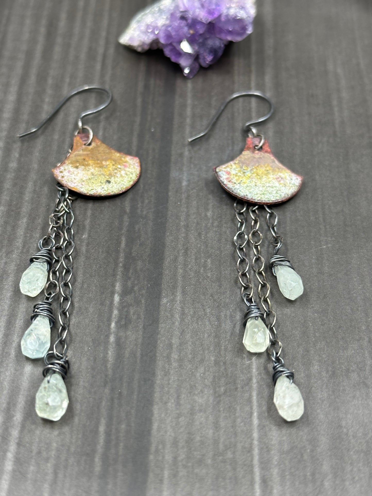 Aquamarine, Artisan Enamel, and Sterling Silver Earrings