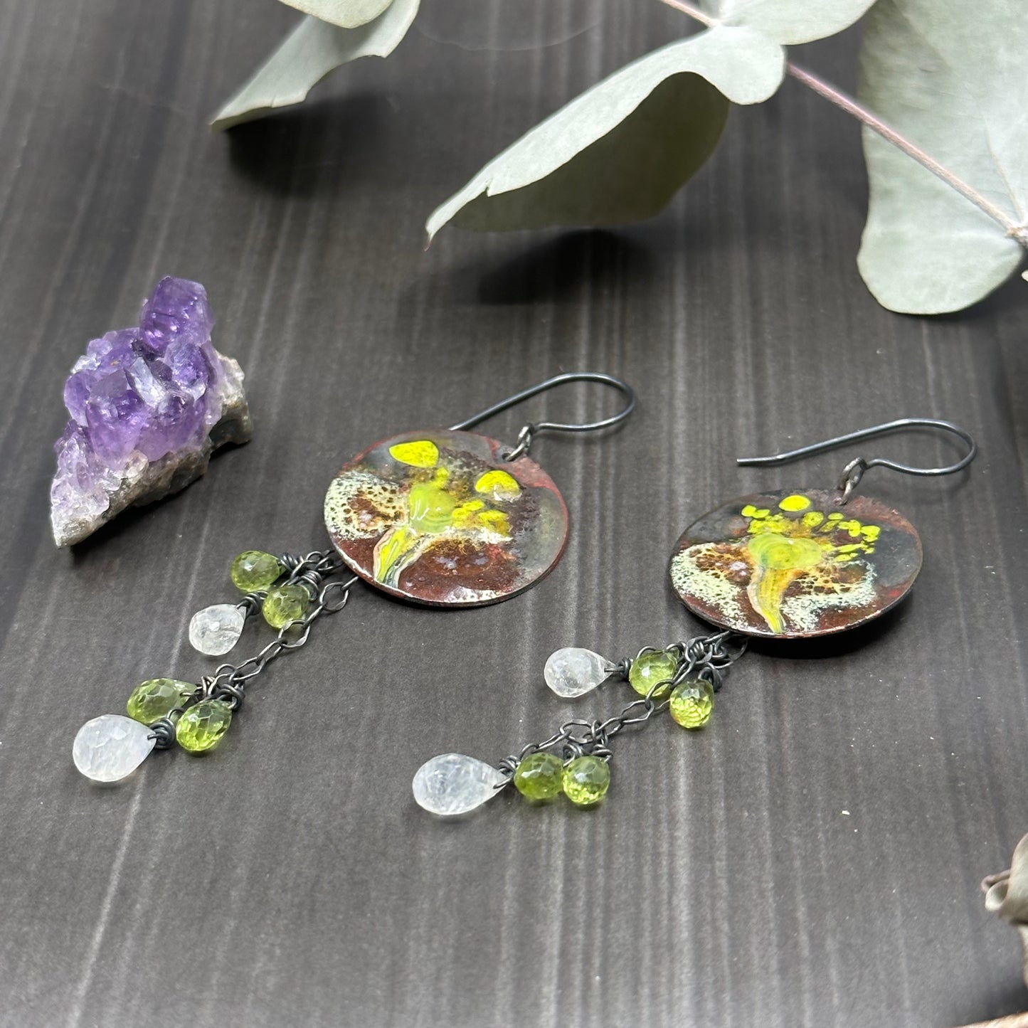 Peridot and Moonstone Enamel Earrings