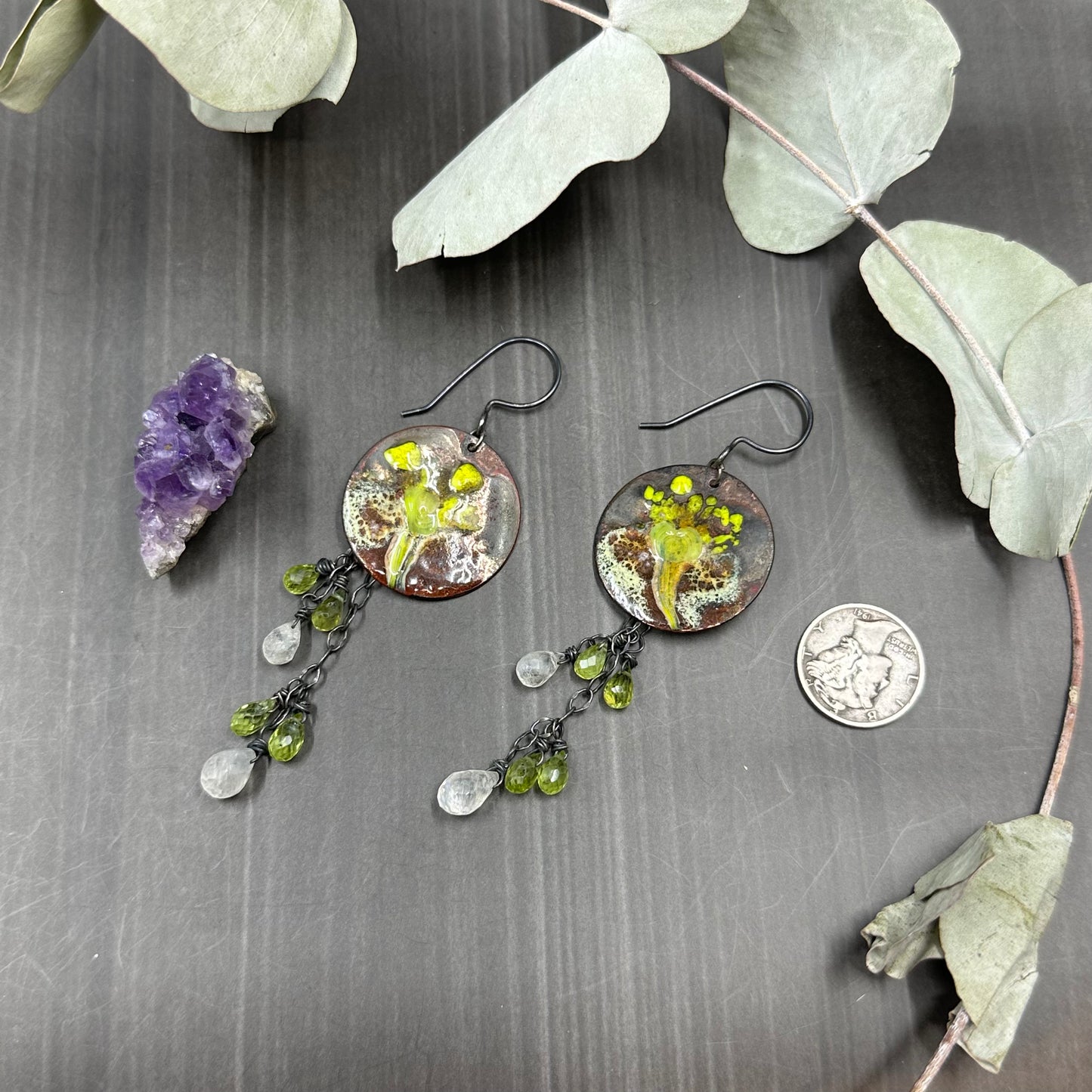 Peridot and Moonstone Enamel Earrings