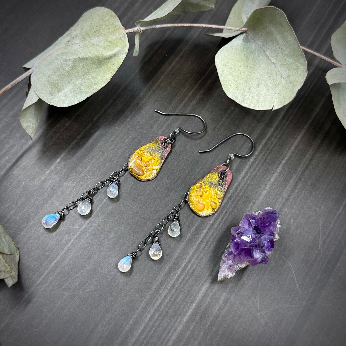 Artisan Enamel and Rainbow Moonstone Earrings