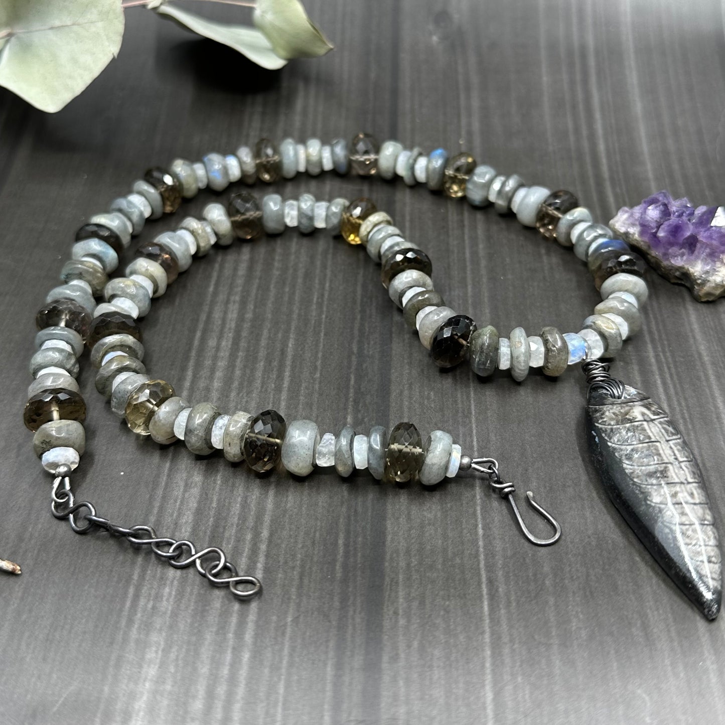 Fossil, Labradorite, Rainbow Moonstone, and Smoky Quartz Necklace