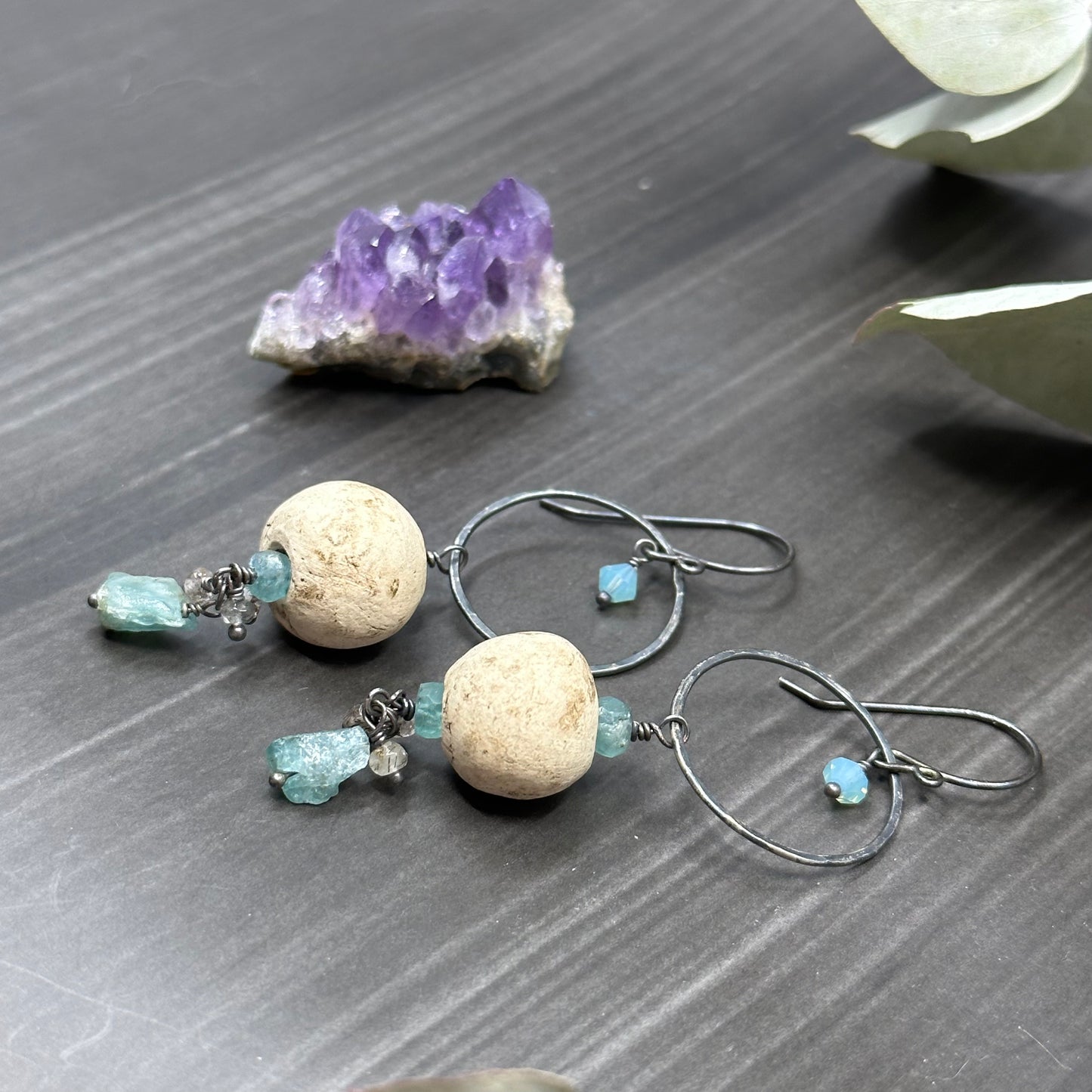 Apatite & Rutilated Quartz Moon Earrings