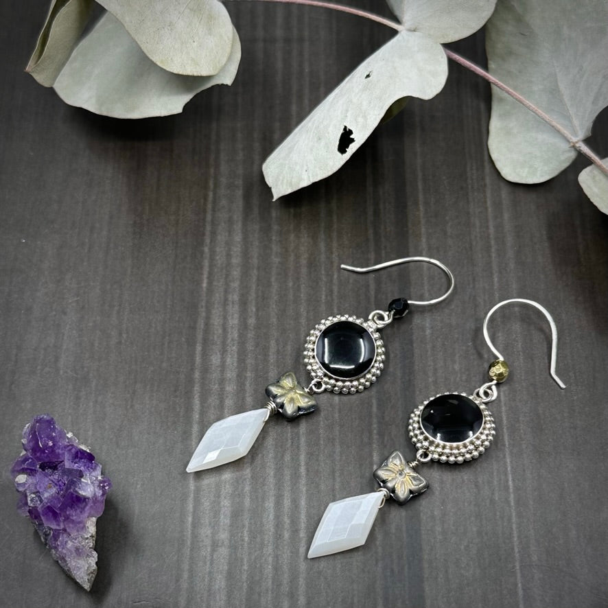 Onyx, czech glass, sterling silver, and moonstone earrings