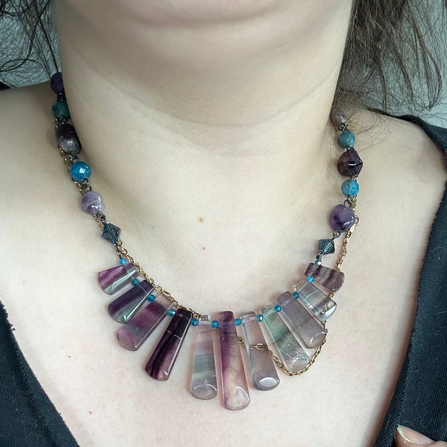 Amethyst, Fluorite, Apatite, and Sterling Silver Statement Necklace