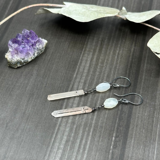 Oxidized sterling silver, quartz, and moonstone earrings