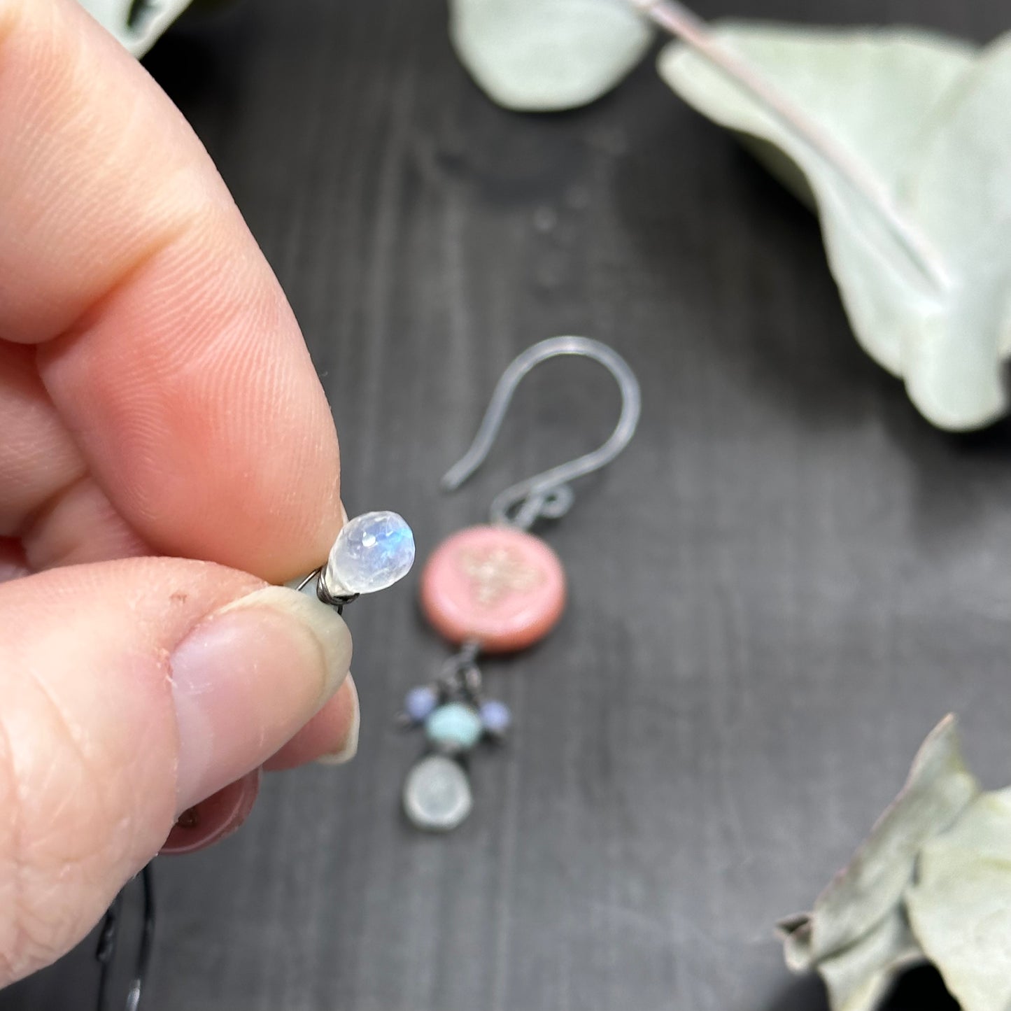 Sterling silver, crystal, rainbow moonstone, and tanzanite Bee earrings