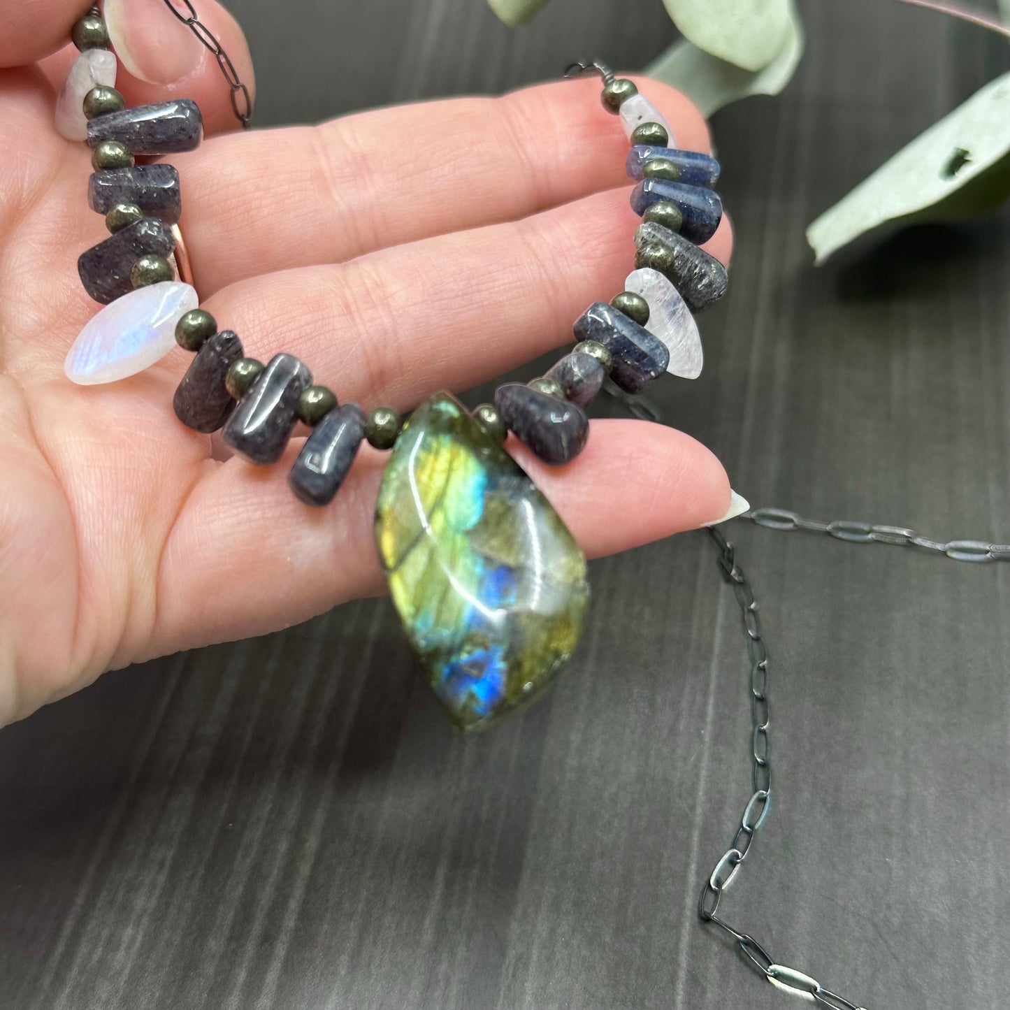 Rainbow moonstone, labradorite, iolite, pyrite, and sterling silver necklace