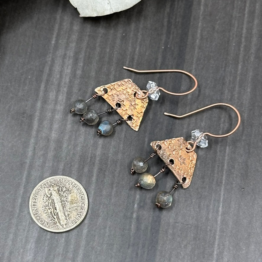 Copper Rustic Star Lightweight Earrings with Labradorite