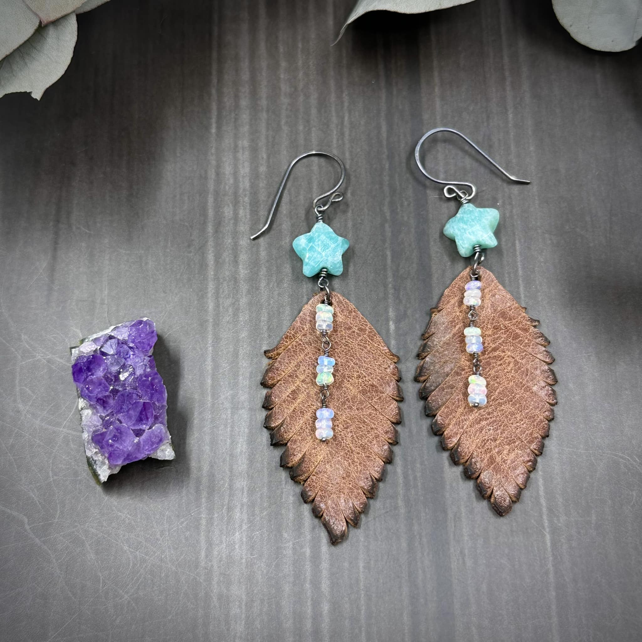 Leather Feather, Aventurine, and Opal Earrings