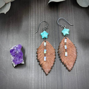 Leather Feather, Aventurine, and Opal Earrings