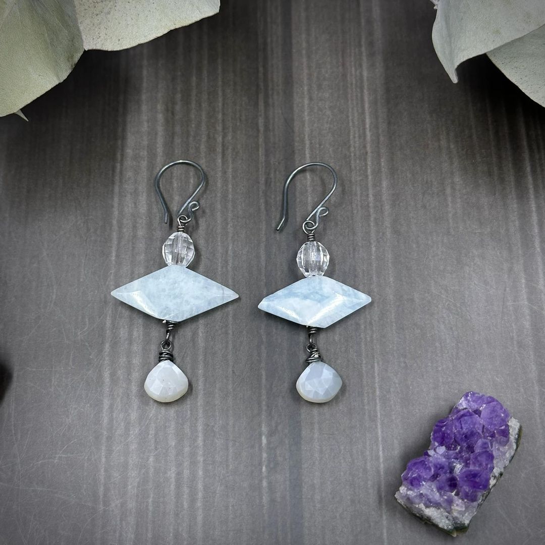 Aquamarine, Glass, Moonstone, and Sterling Silver Earrings