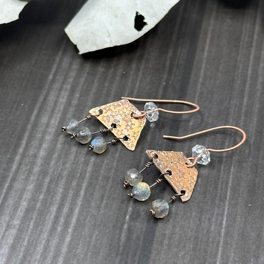 Copper Rustic Star Lightweight Earrings with Labradorite