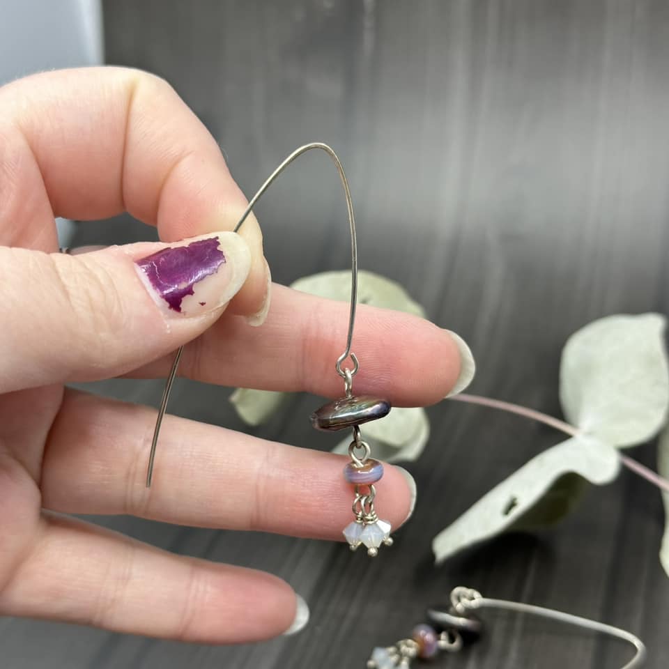 Sterling Silver drop earrings with pearls, Swarovski, and artisan glass