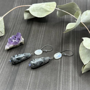Larvakite, Moonstone, Tanzanite, and Sterling Silver Earrings