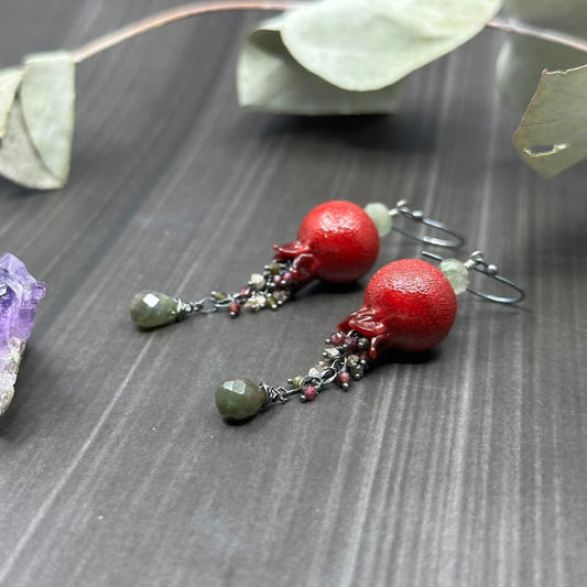 Pomegranate, garnet, obsidian, and diamond earrings in sterling silver