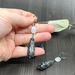 Load image into Gallery viewer, Larvakite, Moonstone, Tanzanite, and Sterling Silver Earrings
