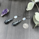 Load image into Gallery viewer, Larvakite, Moonstone, Tanzanite, and Sterling Silver Earrings

