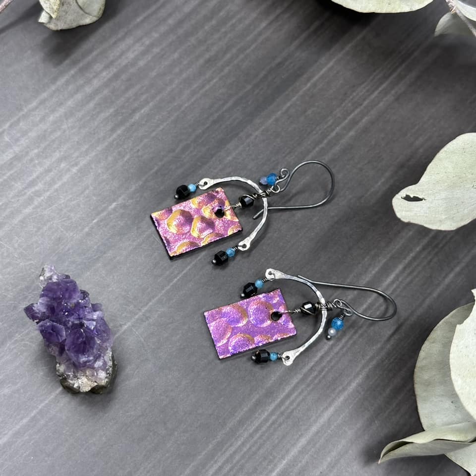 Apatite, Black Spinel, Tanzanite, Sterling Silver and Glass Earrings