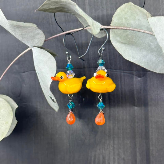 Carnelian, Crystal, and Duck Sterling Silver Earrings