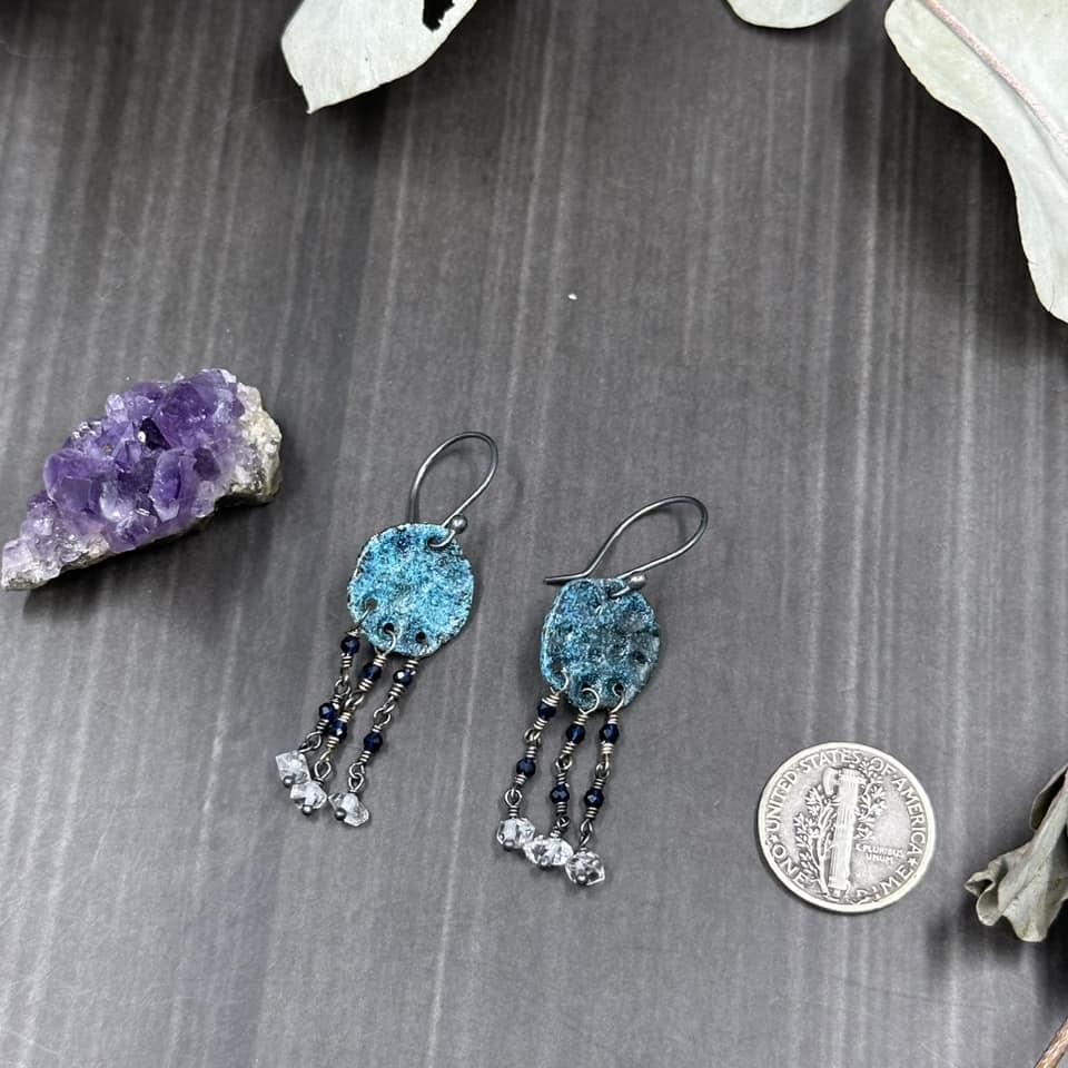 Blue moon, cubic zirconia, sterling silver, and Herkimer quartz diamond earrings