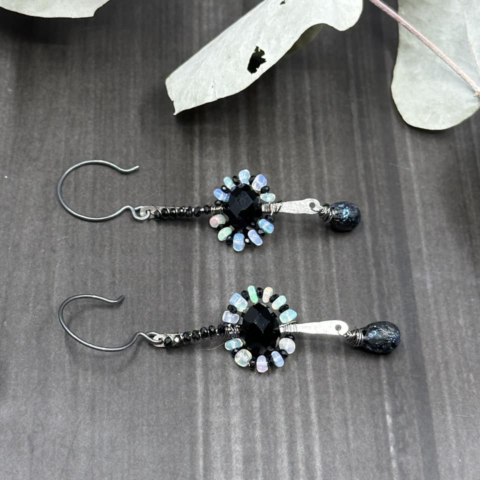 Opal, black spinel, glass, and sterling silver earrings