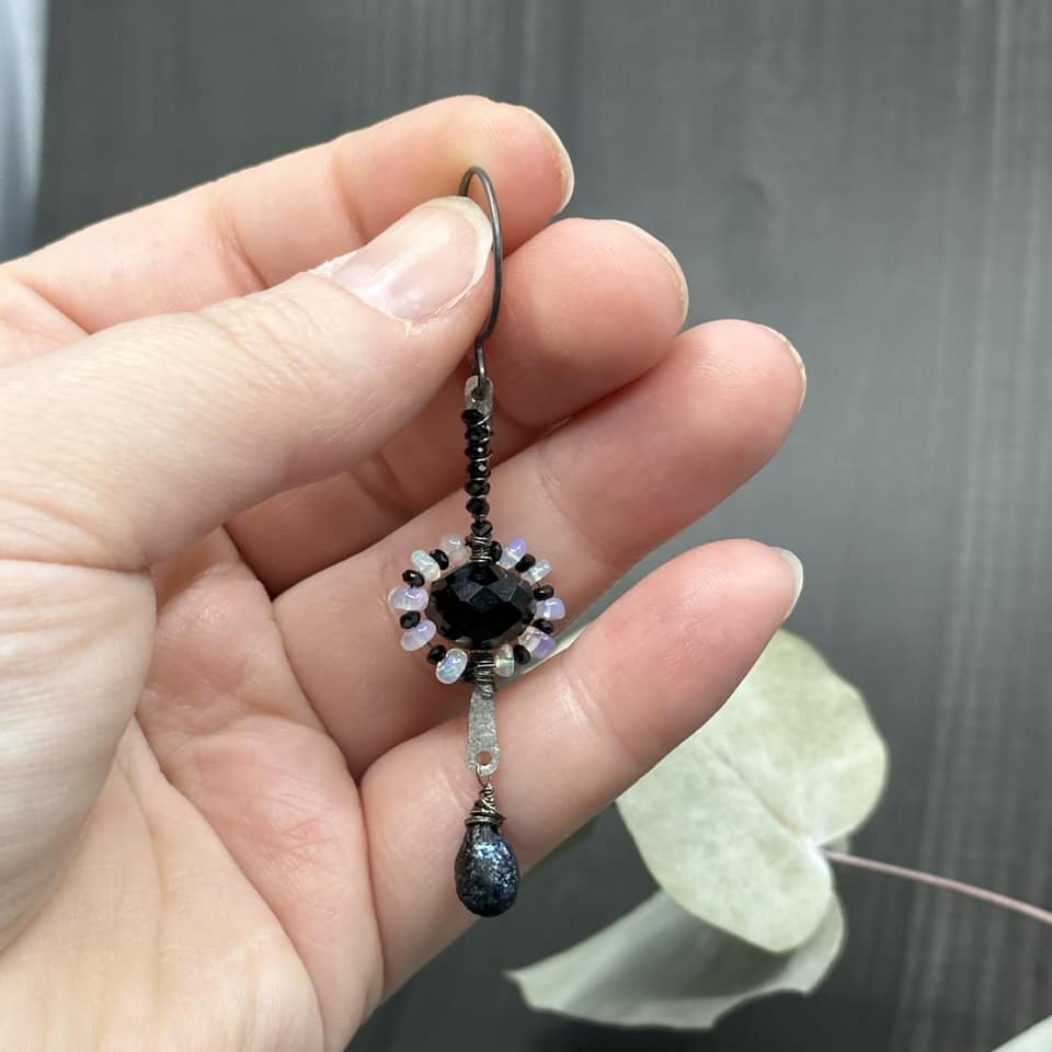 Opal, black spinel, glass, and sterling silver earrings