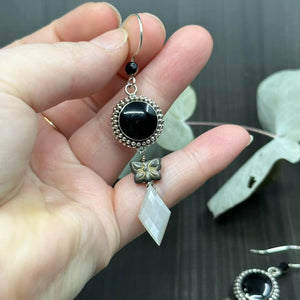 Onyx, czech glass, sterling silver, and moonstone earrings