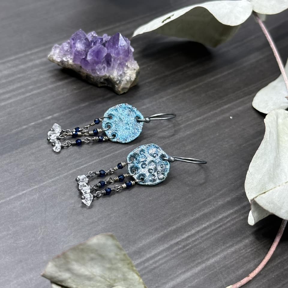 Blue moon, cubic zirconia, sterling silver, and Herkimer quartz diamond earrings