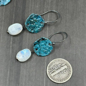 Copper moon, moonstone and sterling silver earrings