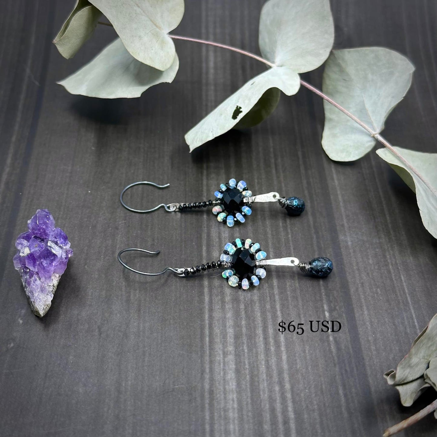 Opal, black spinel, glass, and sterling silver earrings