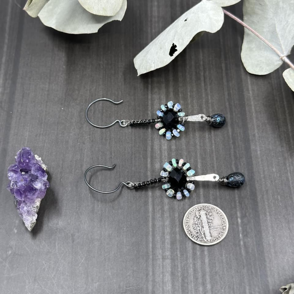 Opal, black spinel, glass, and sterling silver earrings