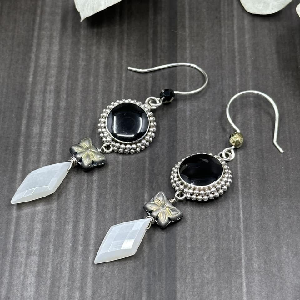 Onyx, czech glass, sterling silver, and moonstone earrings