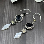 Load image into Gallery viewer, Onyx, czech glass, sterling silver, and moonstone earrings
