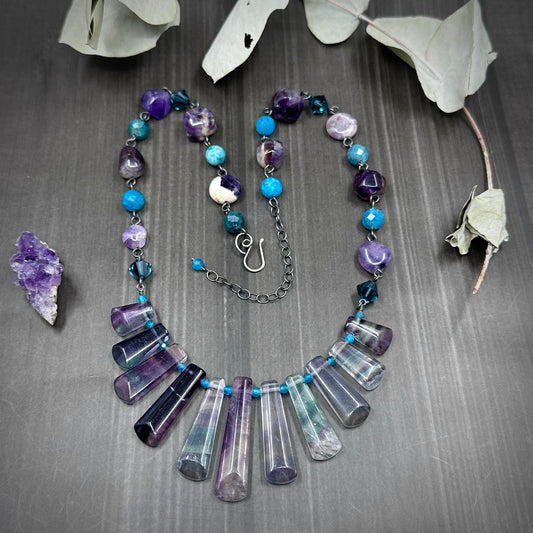 Amethyst, Fluorite, Apatite, and Sterling Silver Statement Necklace