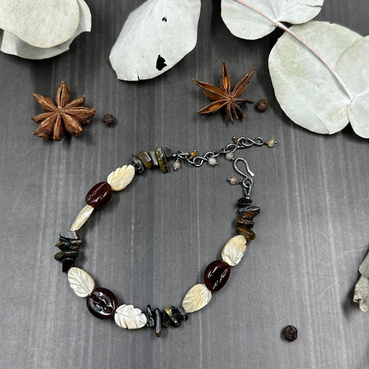 Glass Coffee, Blue Tiger's Eye, Mother of Pearl, and Sterling Silver Bracelet