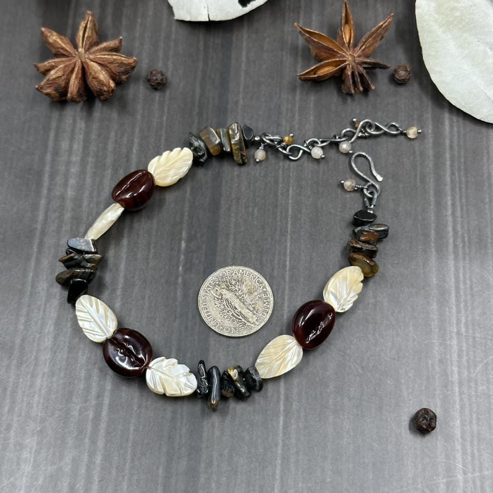 Glass Coffee, Blue Tiger's Eye, Mother of Pearl, and Sterling Silver Bracelet