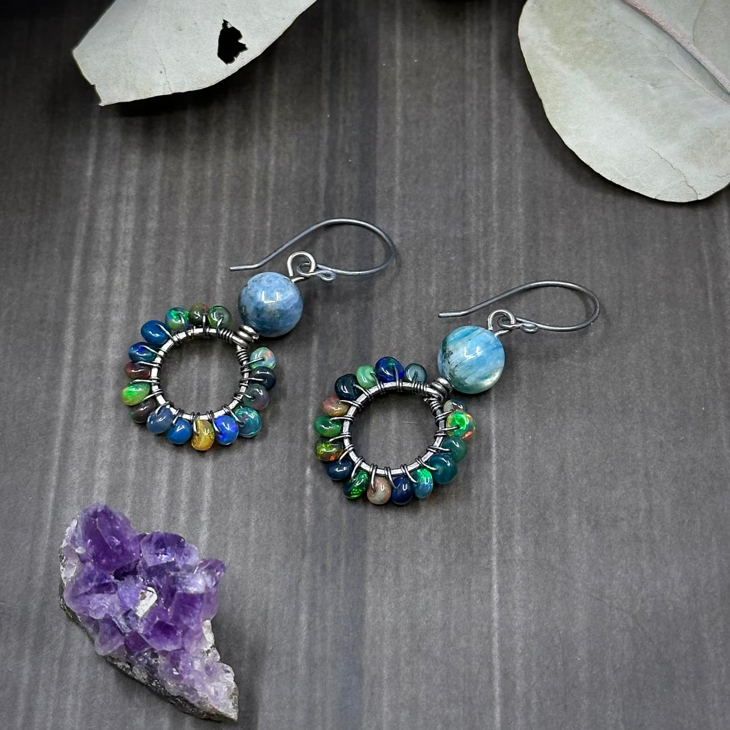 Black opal and Kyanite Sterling Silver Hoop Earrings