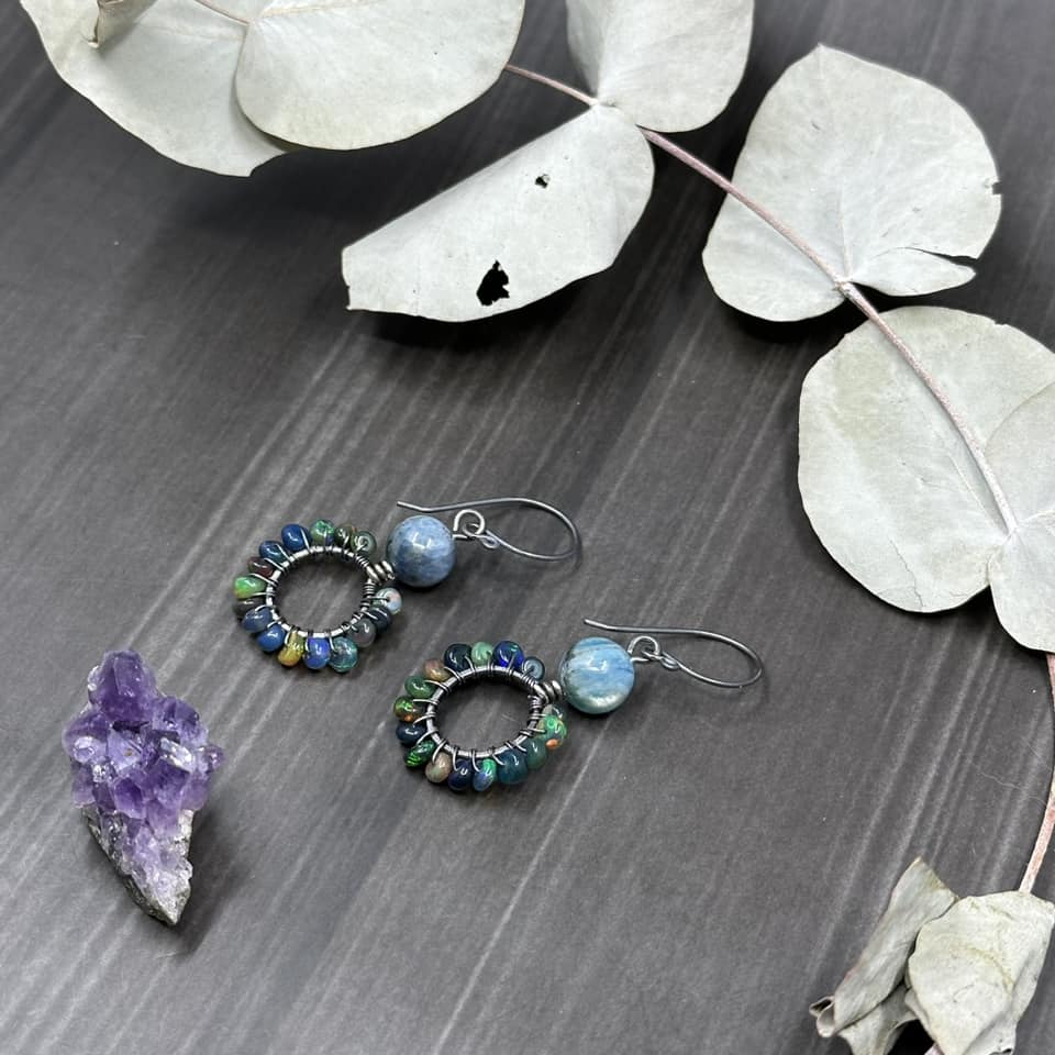 Black opal and Kyanite Sterling Silver Hoop Earrings
