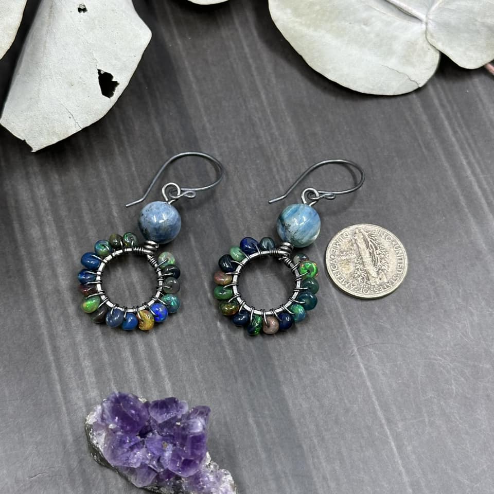 Black opal and Kyanite Sterling Silver Hoop Earrings