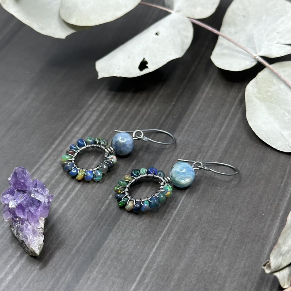 Black opal and Kyanite Sterling Silver Hoop Earrings