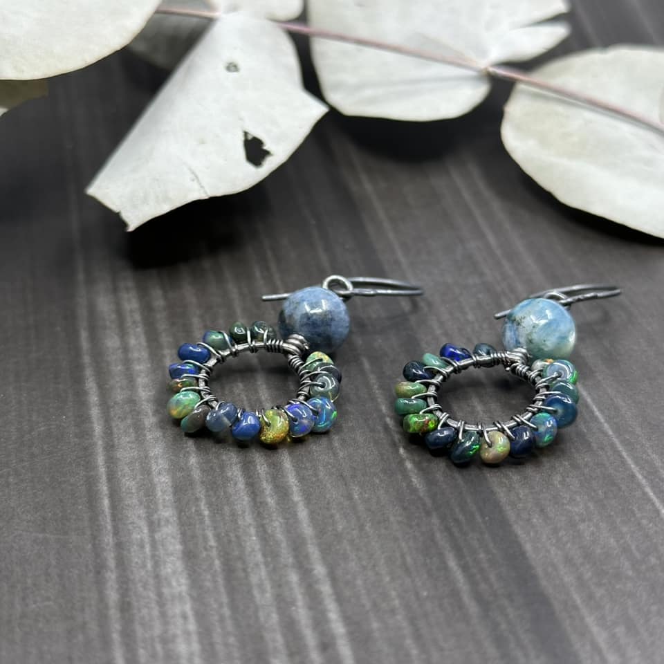 Black opal and Kyanite Sterling Silver Hoop Earrings