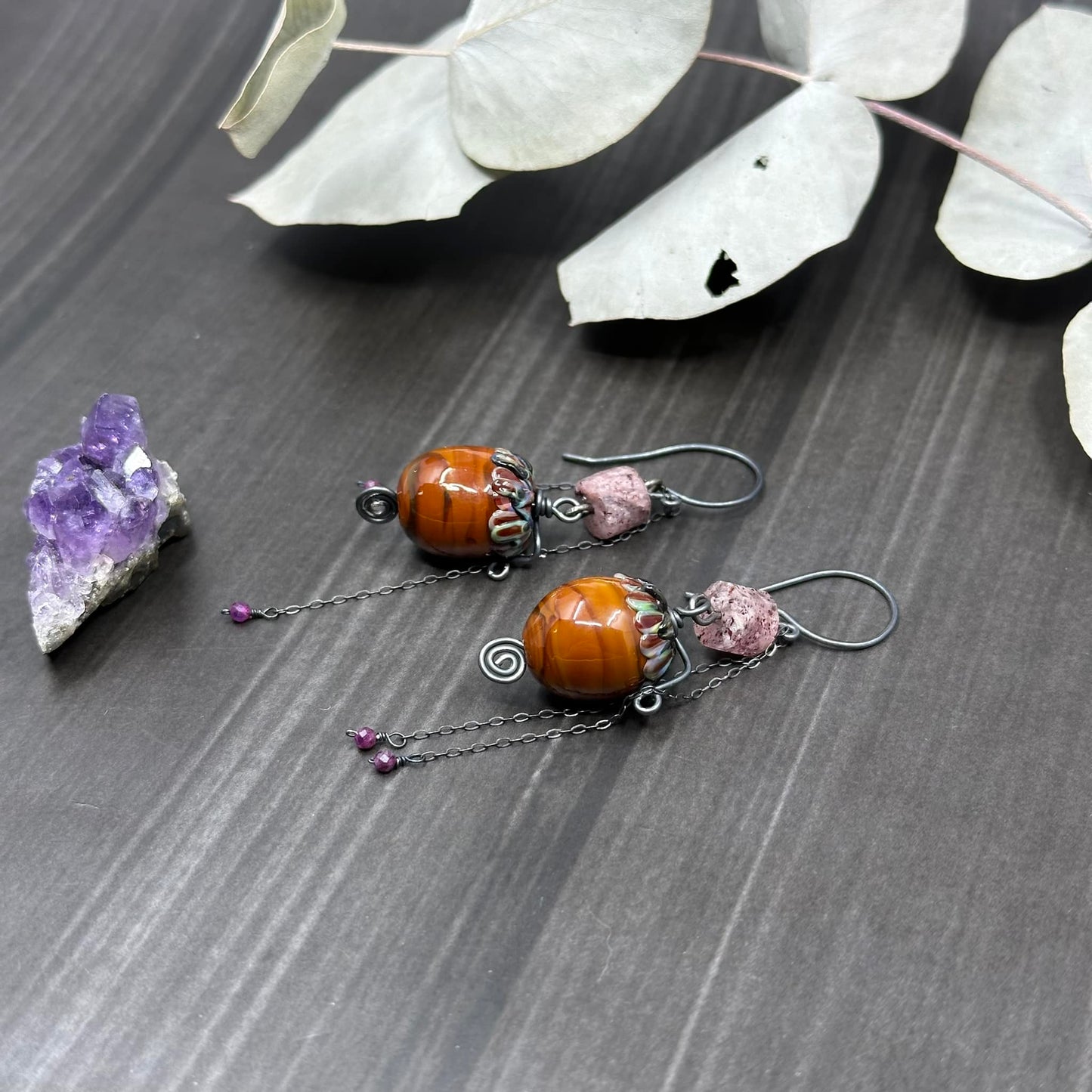 Strawberry Quartz, ruby, and artisan glass acorn earrings